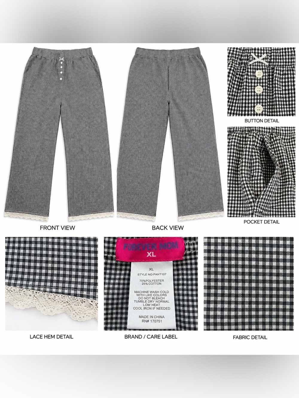 Forever 21 Black & White Gingham Lace Trim Pants – Women’s XL